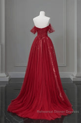 Wine Red A-Line Tulle Sweetheart Floor Length Party Dress, Wine Red Tulle Semi Formal Prom Dress